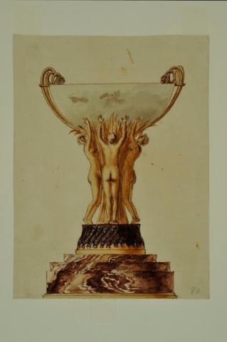 Coppa con le Tre Grazie in pietre dure, marmi colorati e bronzo dorato penna, inchiostro, acquarello su carta inv. MN 8658