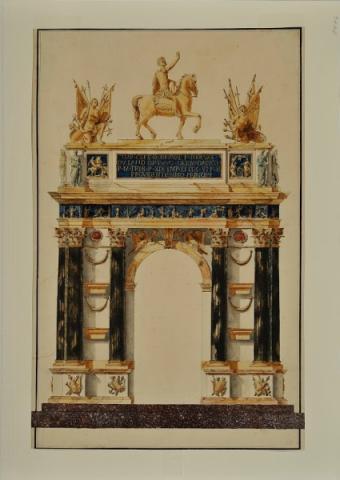 Prospetto dell’Arco di Traiano ad Ancona (elemento per il centrotavola del Balí di Breteuil) penna, inchiostro, acquarello su carta inv. MN 8624