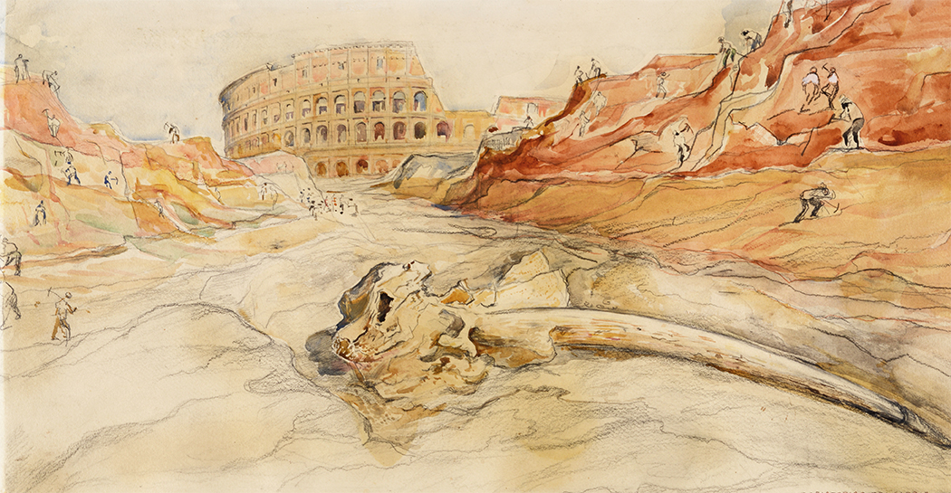 M. BAROSSO, «Elefante preistorico fra sabbie marine rinvenuto per lo scavo per la Via dei Colli (Via dell’Impero). Impressione dal vero», matita e acquerello su carta (24 maggio 1932) Museo di Roma, Gabinetto delle Stampe, MR 2497 (© Roma - Sovrintendenza Capitolina ai Beni Culturali - Museo di Roma)